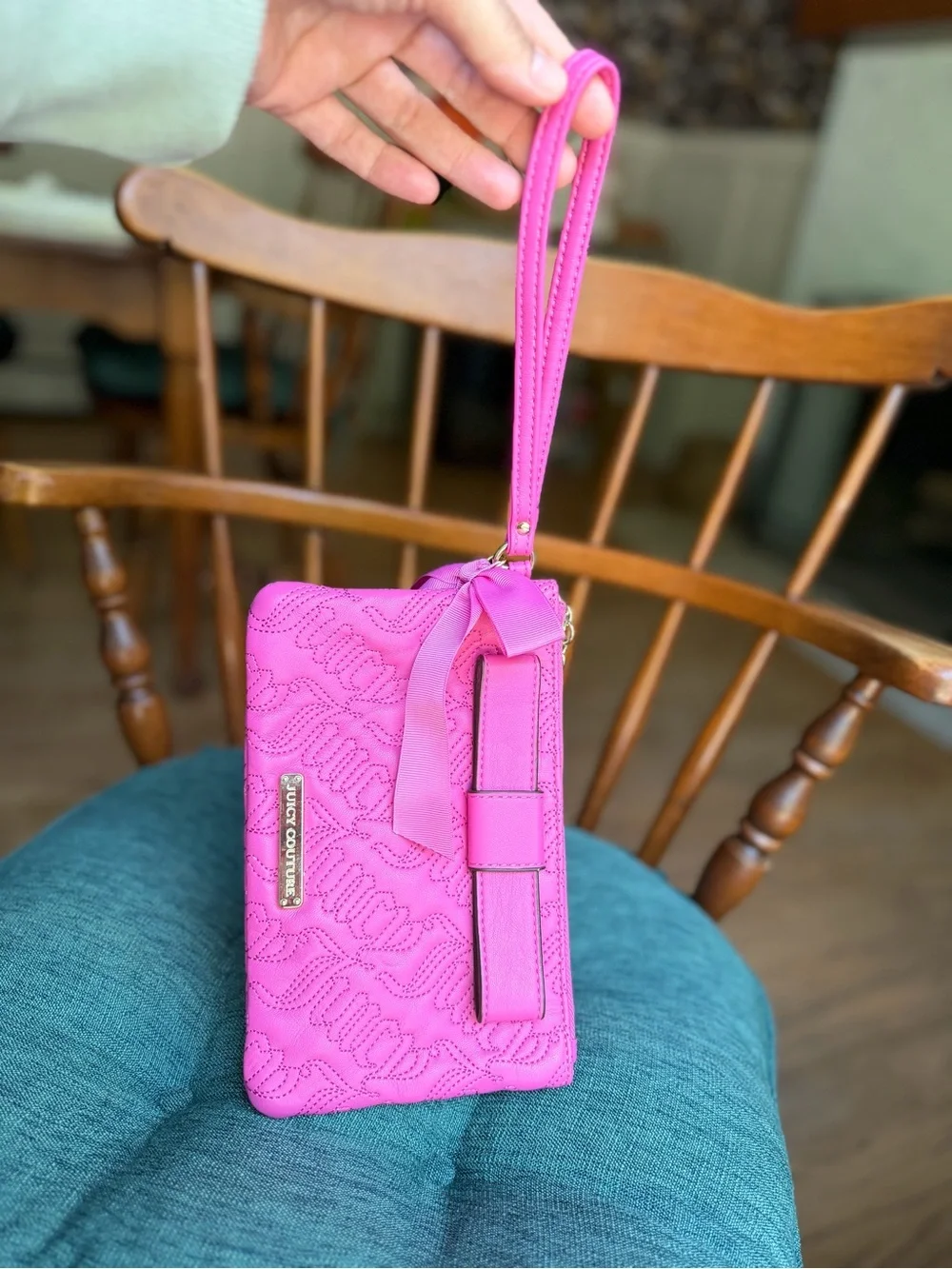 Juicy Couture Pink Quilted Bow Wristlet with Gold Plaque